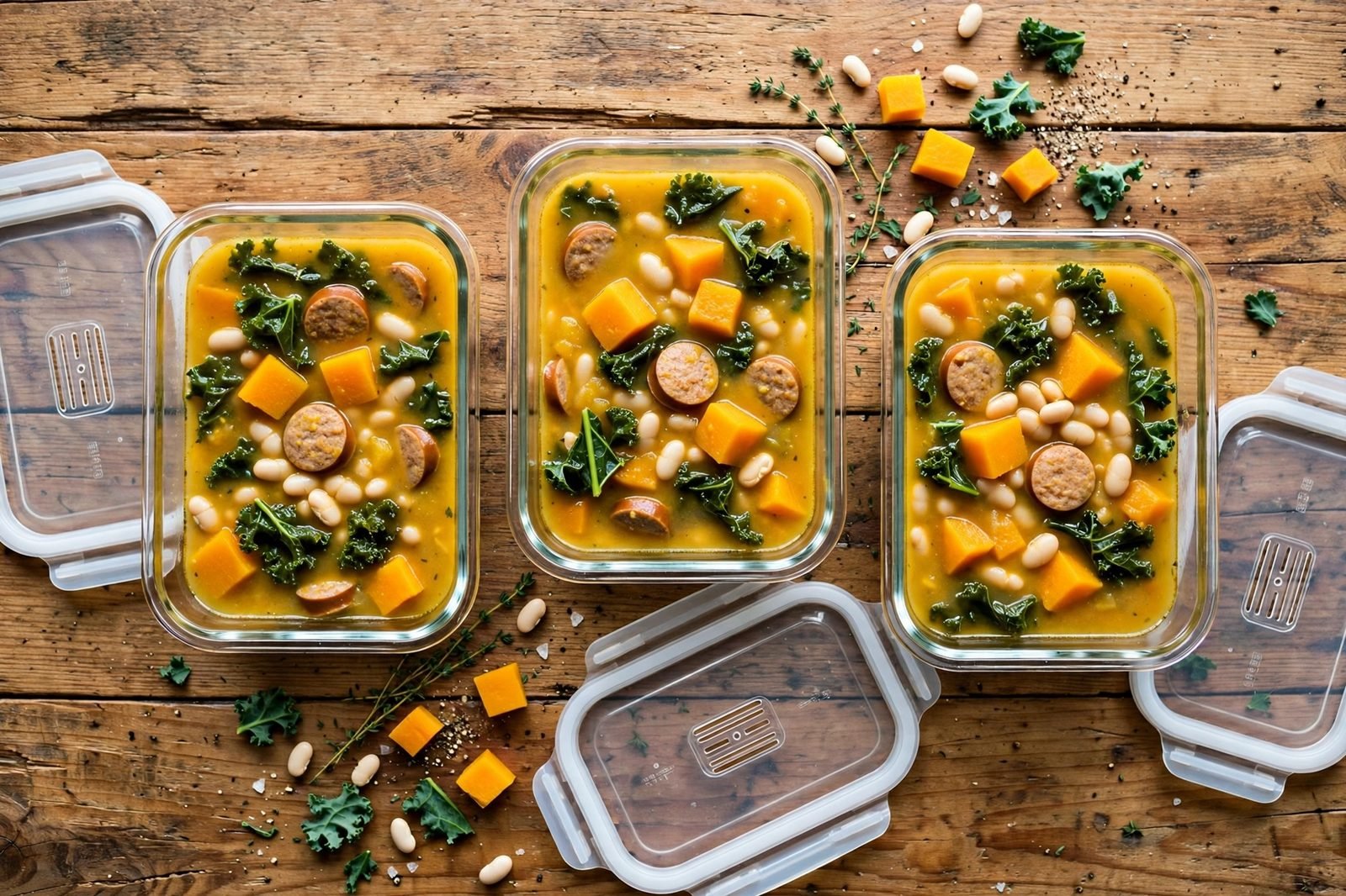 Overhead of glass meal-prep containers filled with the soup.