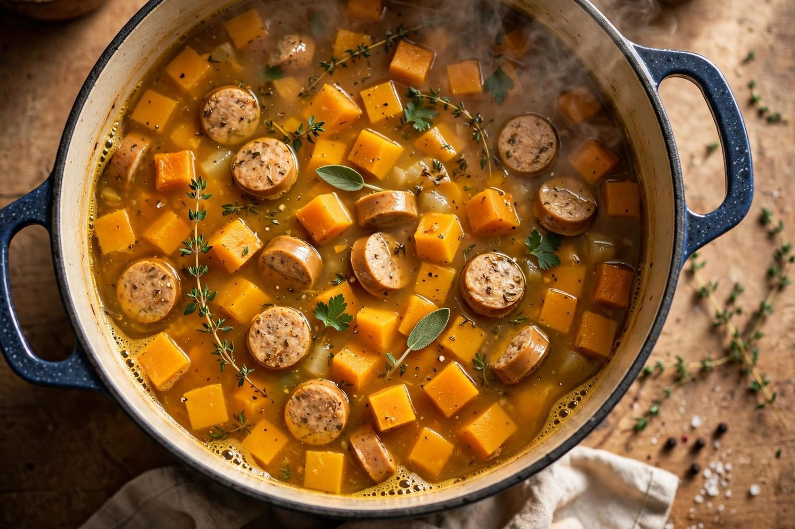 Overhead of the soup simmering in the Dutch oven, squash cubes visible in the golden broth.