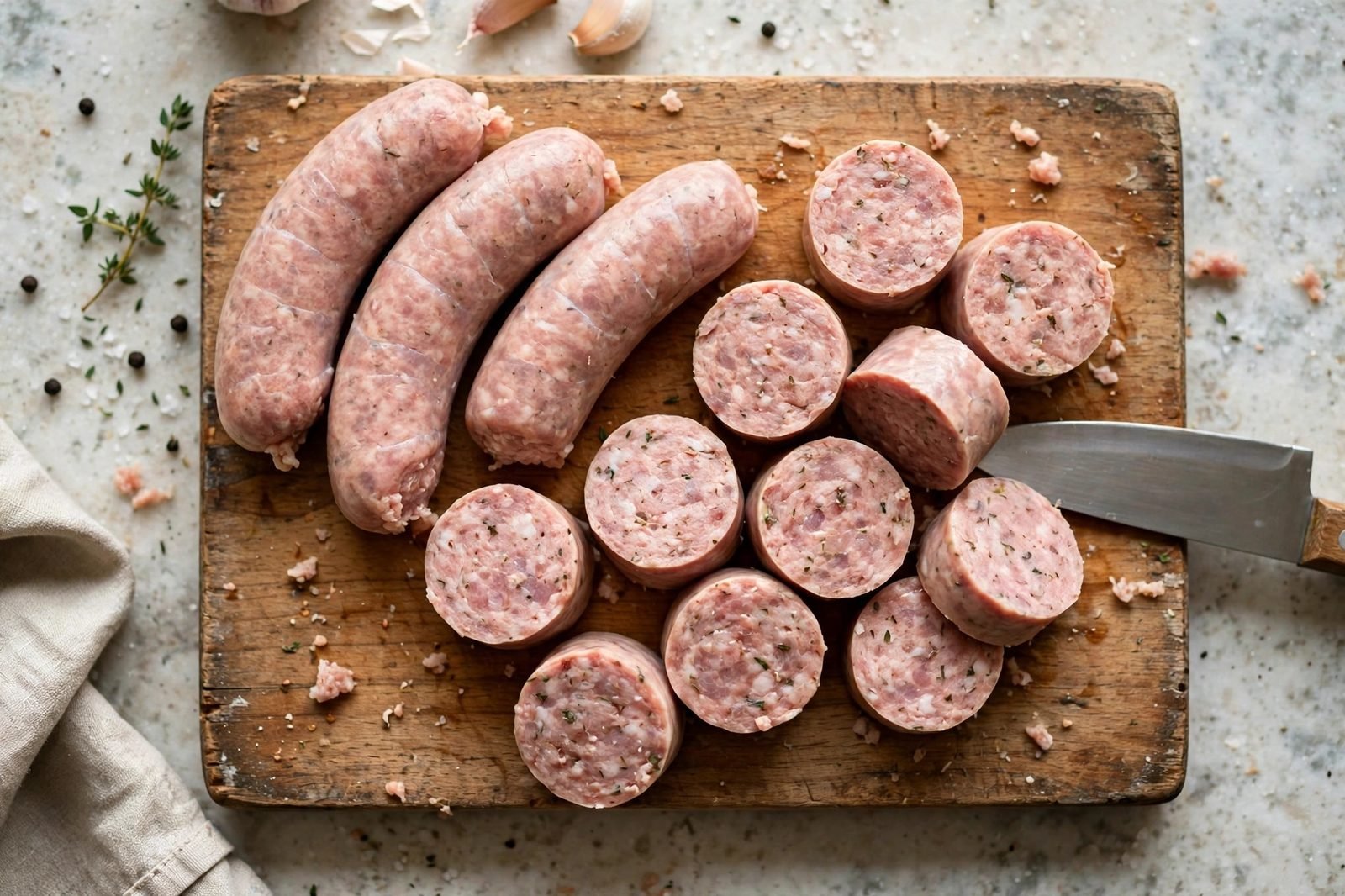 Overhead of chicken sausage being sliced into coins on a cutting board.