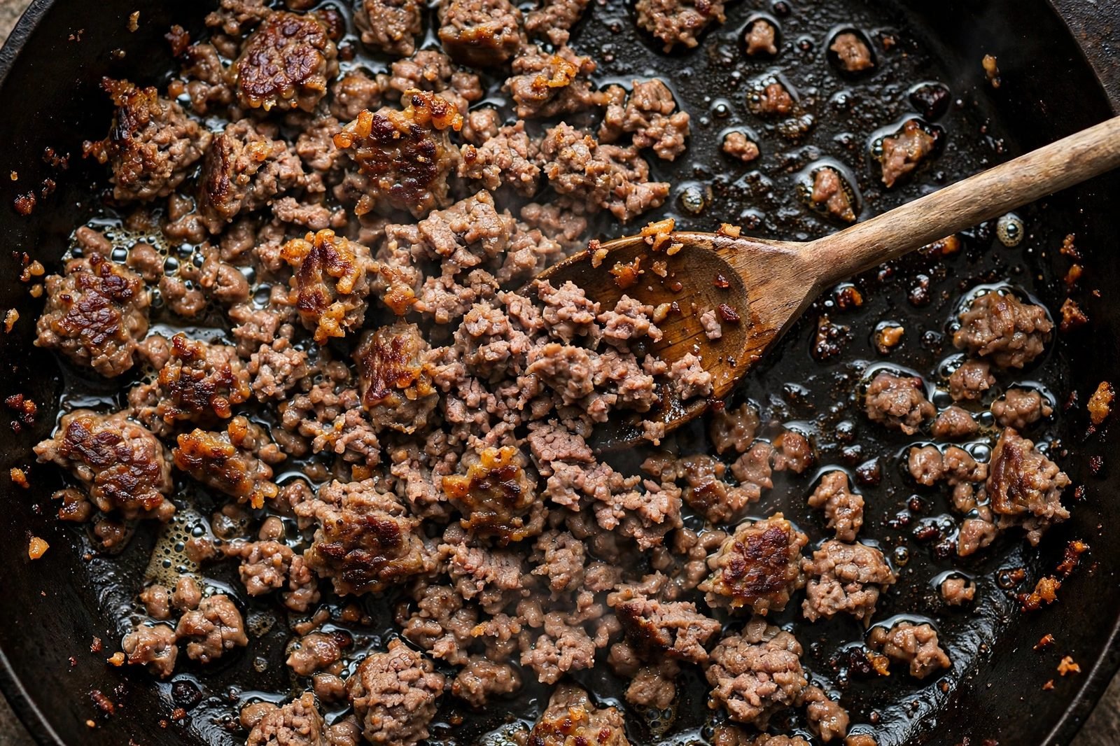 Overhead of ground beef browning and breaking into crumbles in a large skillet. No people, no text.