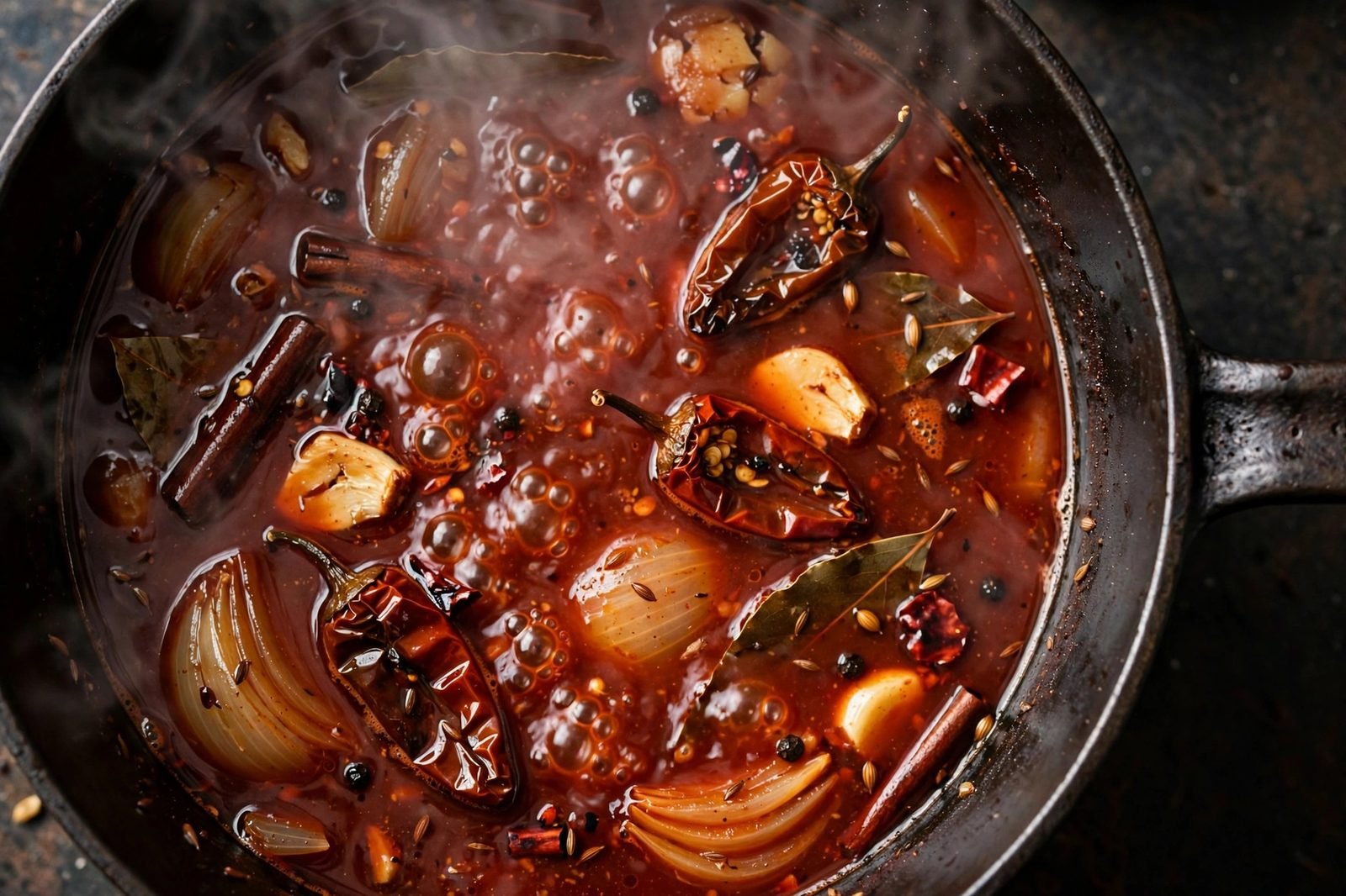Overhead of beef broth simmering with chipotle peppers, onion quarters, garlic, and spices in a saucepan. No people, no text.