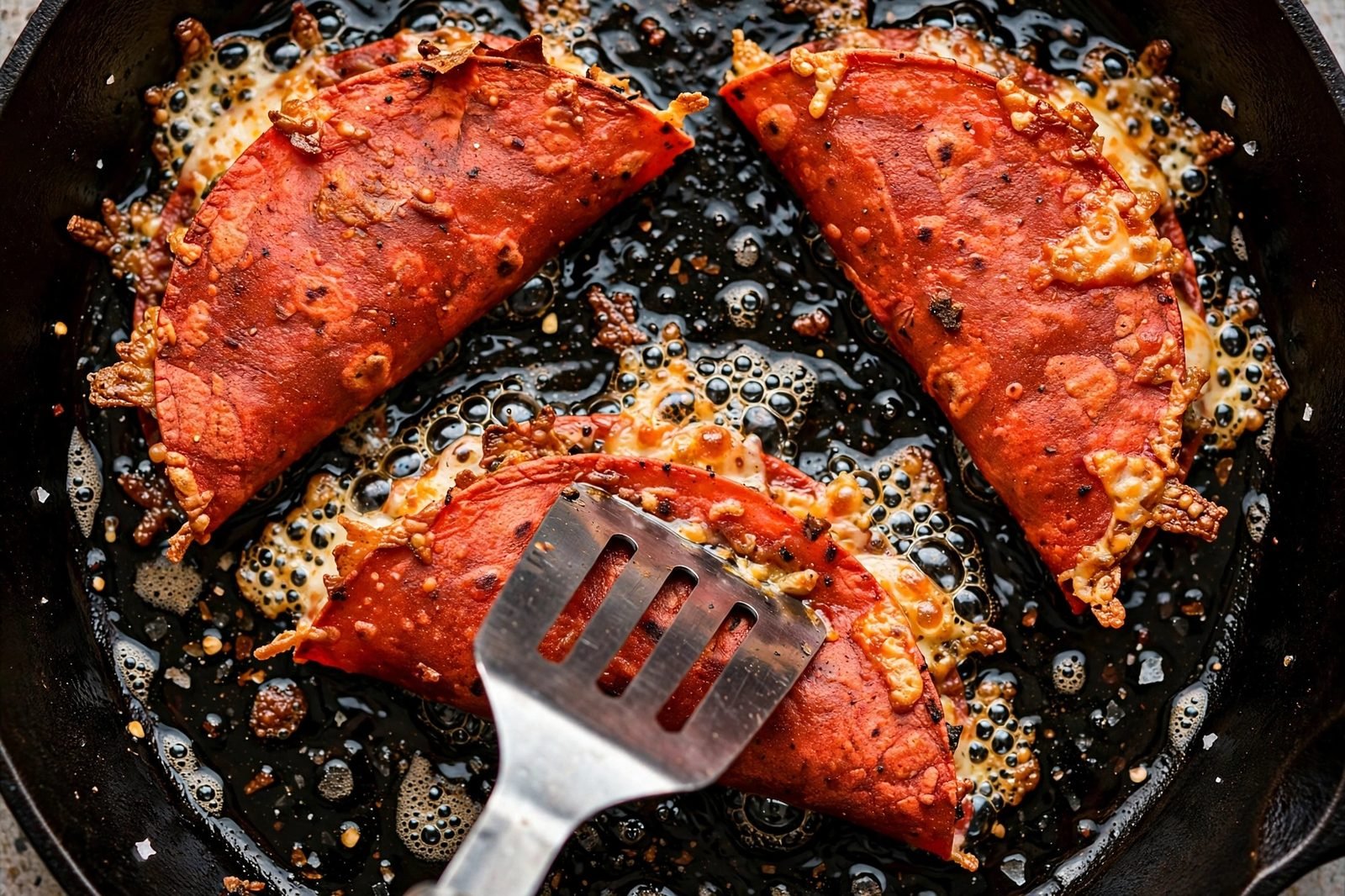 Overhead of folded tacos crisping golden-red in a hot oiled skillet, pressed with a spatula. No people, no text.