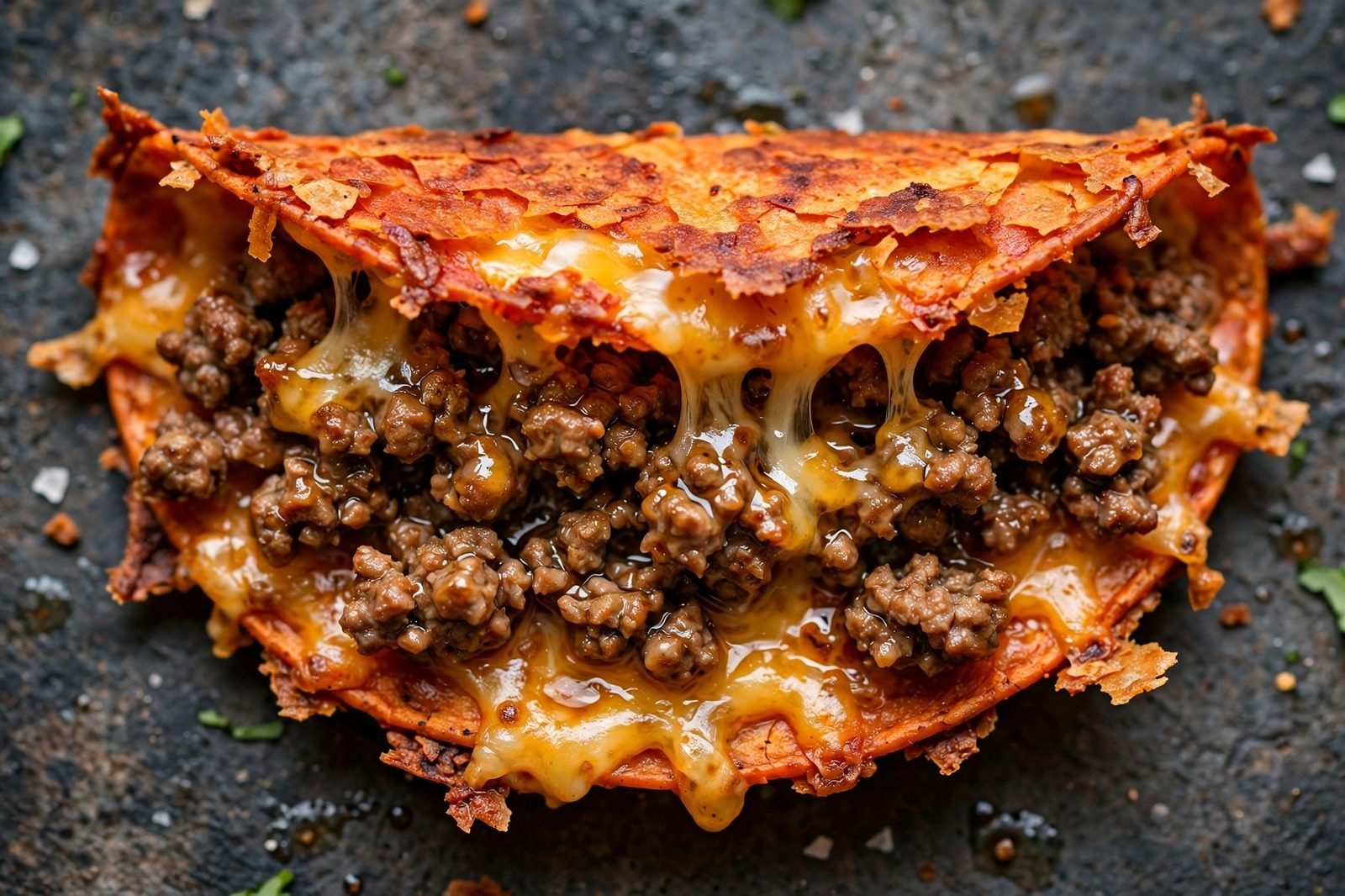Overhead close-up of a crisped taco showing melted cheese oozing and crackly red edges. No people, no text.