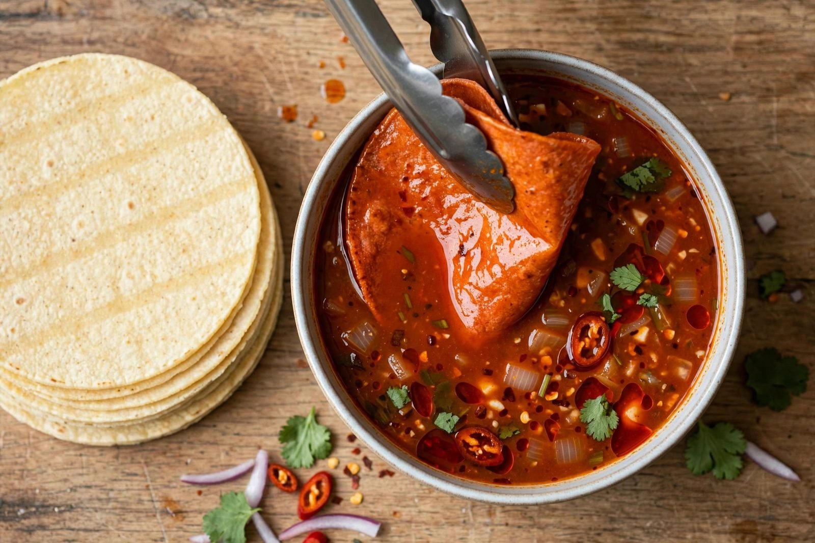 Overhead of a corn tortilla being dipped into the warm consommé with tongs. No people, no text.