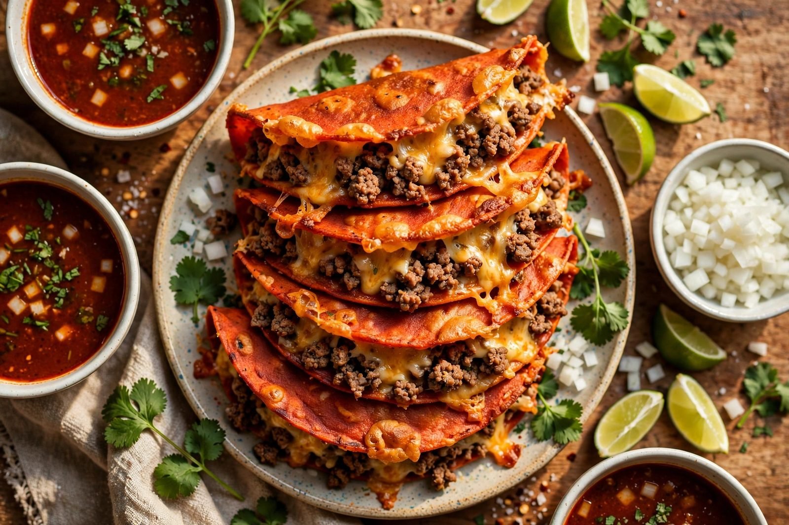 Overhead of finished birria-style tacos stacked on a platter: red-tinted crispy tortillas, melted cheese, beef, with small bowls of consommé for dipping, lime wedges, diced onion, cilantro. No people, no text.