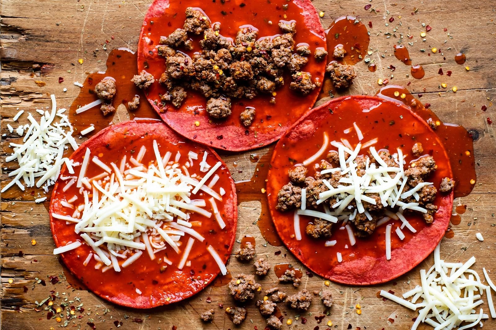 Overhead of consommé-dipped tortillas being filled with beef and shredded Monterey Jack before folding. No people, no text.