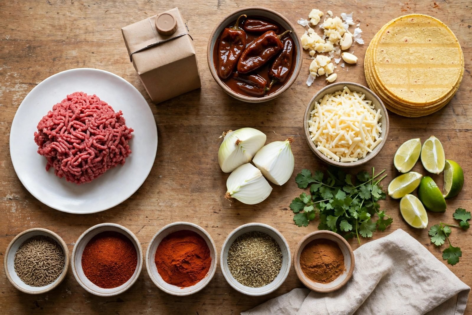 Overhead of ground beef, beef broth, chipotle peppers in adobo, garlic, onion, spices, corn tortillas, Monterey Jack, cilantro, lime on a counter. No people, no text.