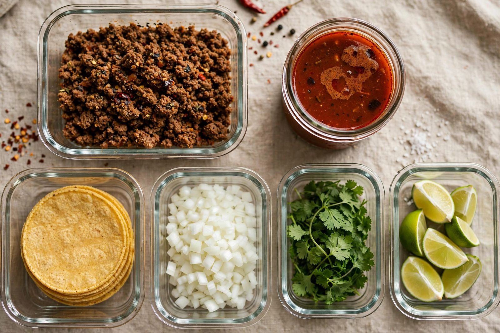 Overhead of meal-prep containers with taco components stored separately: beef, consommé, tortillas, toppings. No people, no text.
