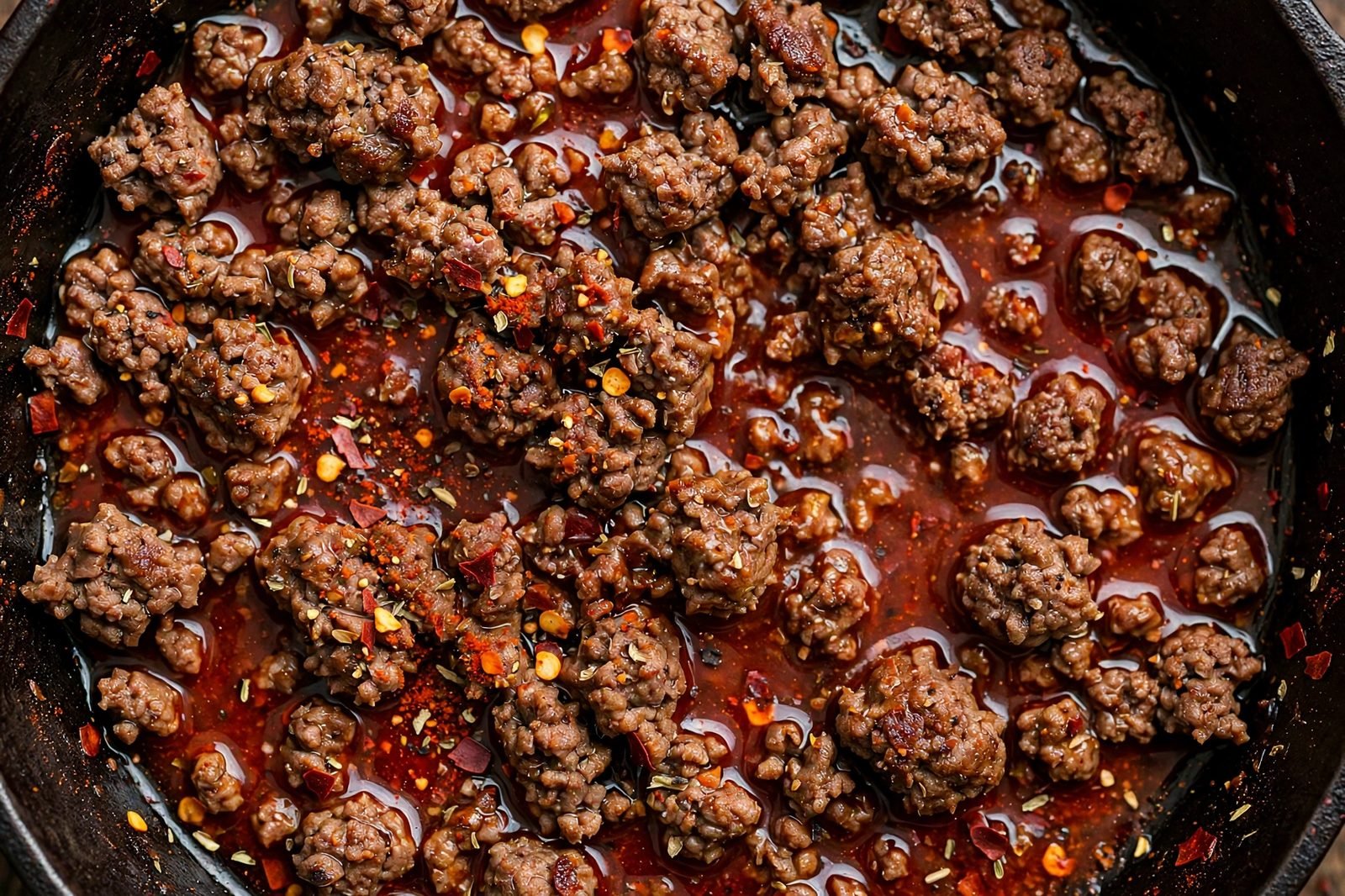 Overhead close-up of browned seasoned beef crumbles glistening with consommé in the skillet. No people, no text.