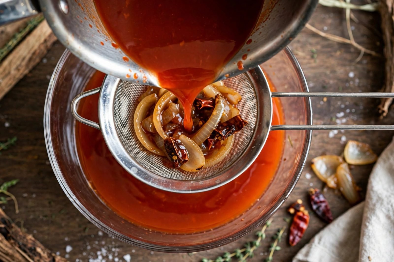 Overhead of the consommé being poured through a fine-mesh strainer into a bowl. No people, no text.