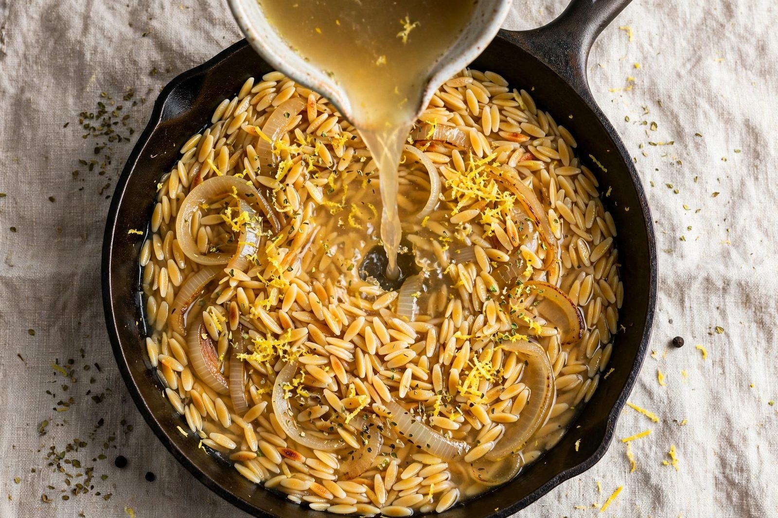 Overhead of chicken broth being poured into the skillet over the toasted orzo, with lemon zest visible. No people, no text.