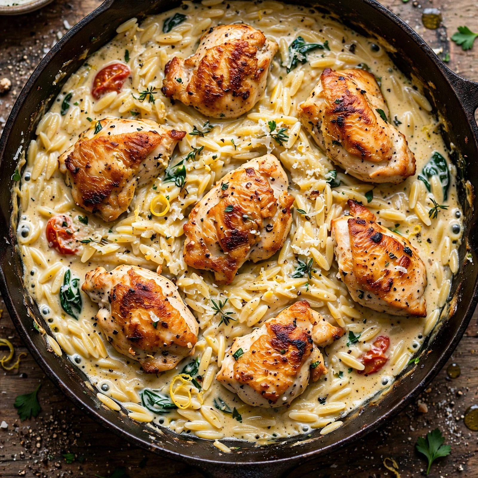 Overhead of seared chicken pieces nestled back into the creamy orzo. No people, no text.