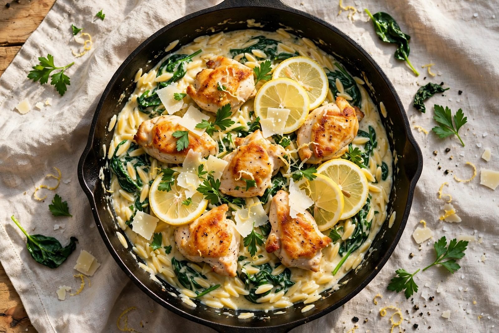 Overhead of the finished skillet: golden chicken pieces and creamy orzo with spinach, lemon slices, parsley, and Parmesan shavings in a dark skillet. No people, no text.