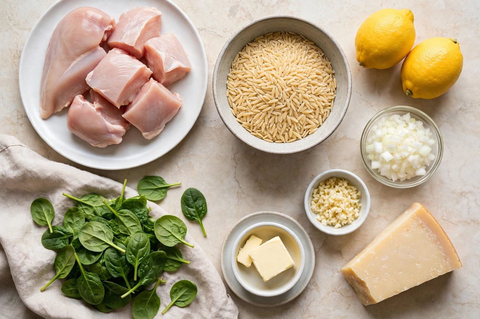Overhead of raw chicken pieces, dry orzo in a bowl, lemons, onion, garlic, spinach, butter, Parmesan arranged on a counter. No people, no text.