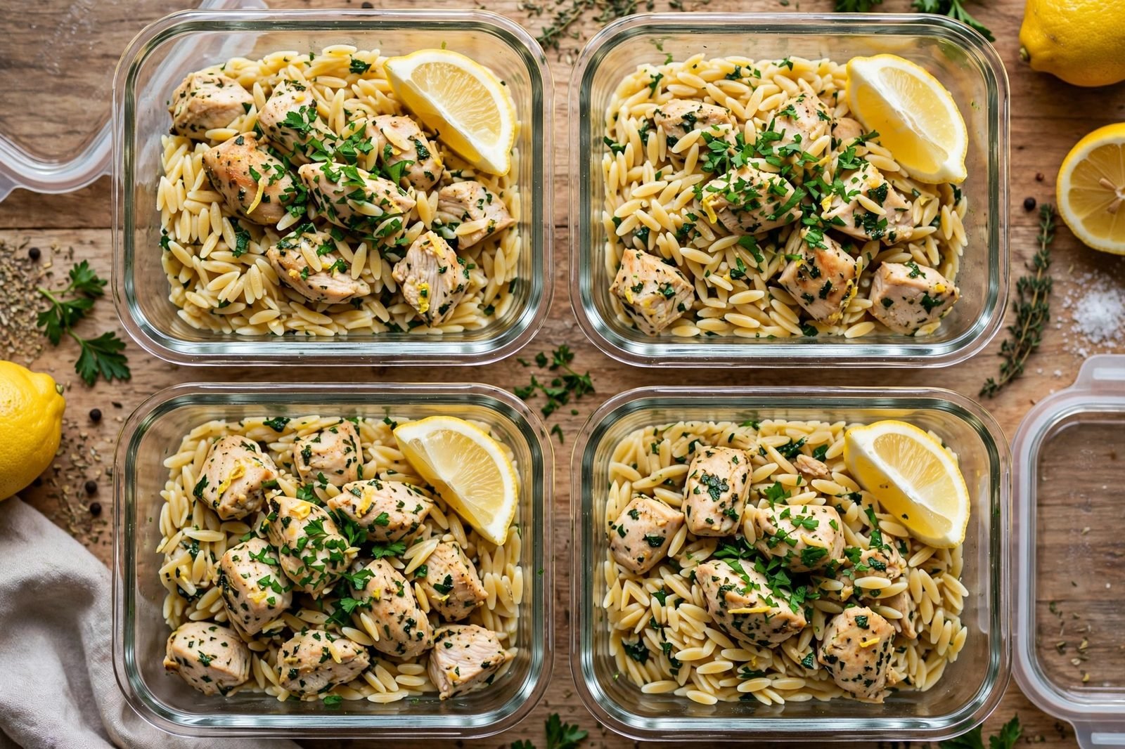 Overhead of glass meal-prep containers filled with the chicken and orzo. No people, no text.