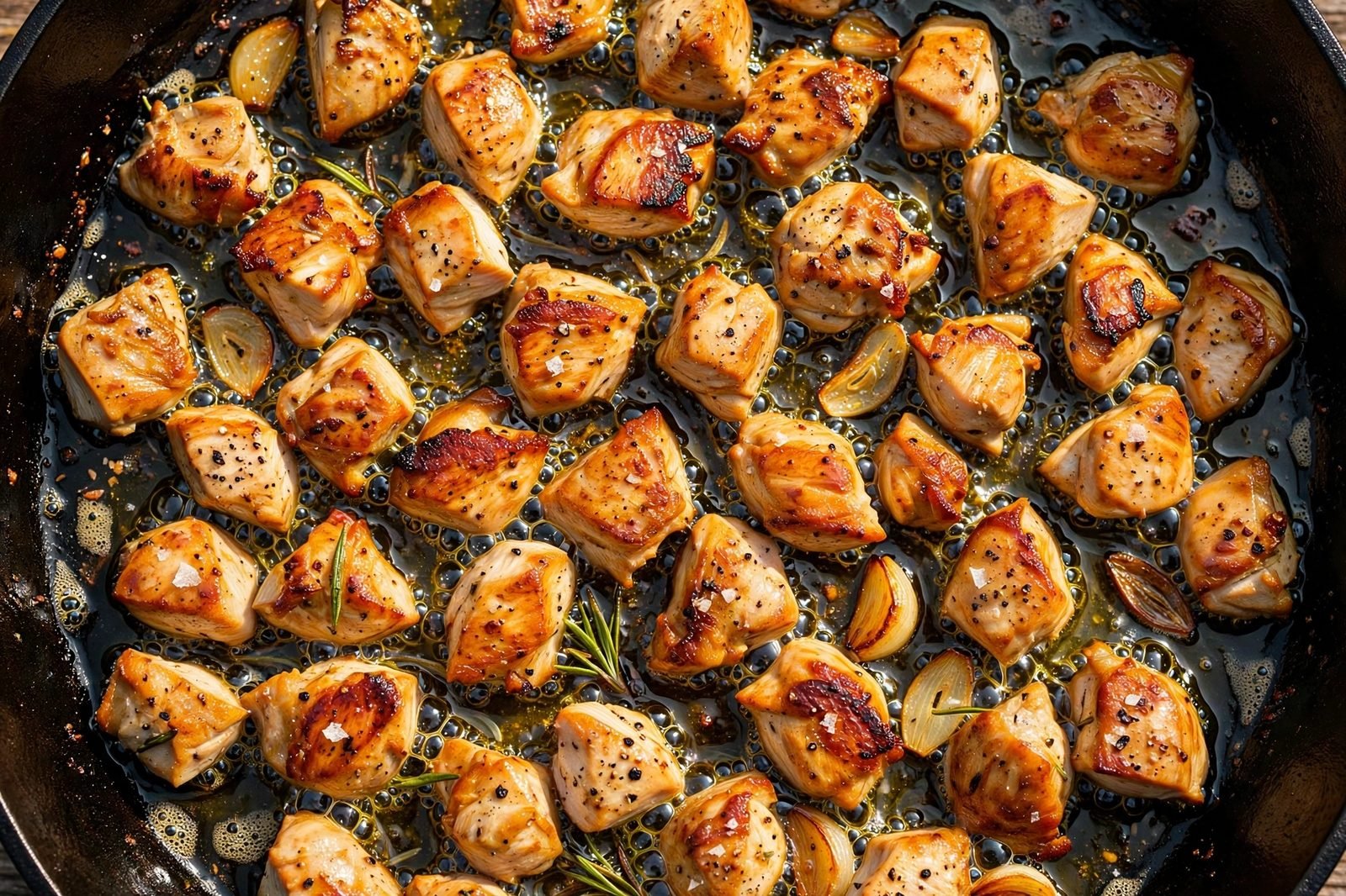 Overhead of chicken pieces searing golden in a hot skillet with olive oil. No people, no text.