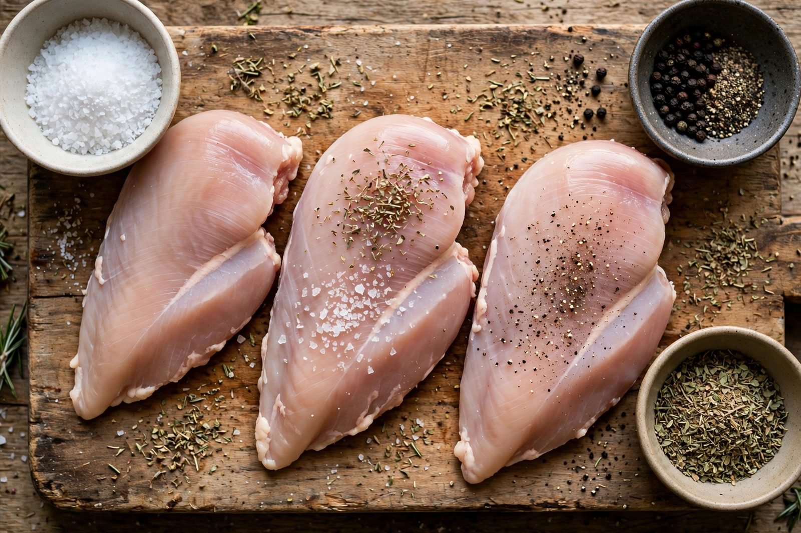 Overhead of raw chicken pieces on a cutting board being seasoned with salt, pepper, and Italian seasoning. No people, no text.