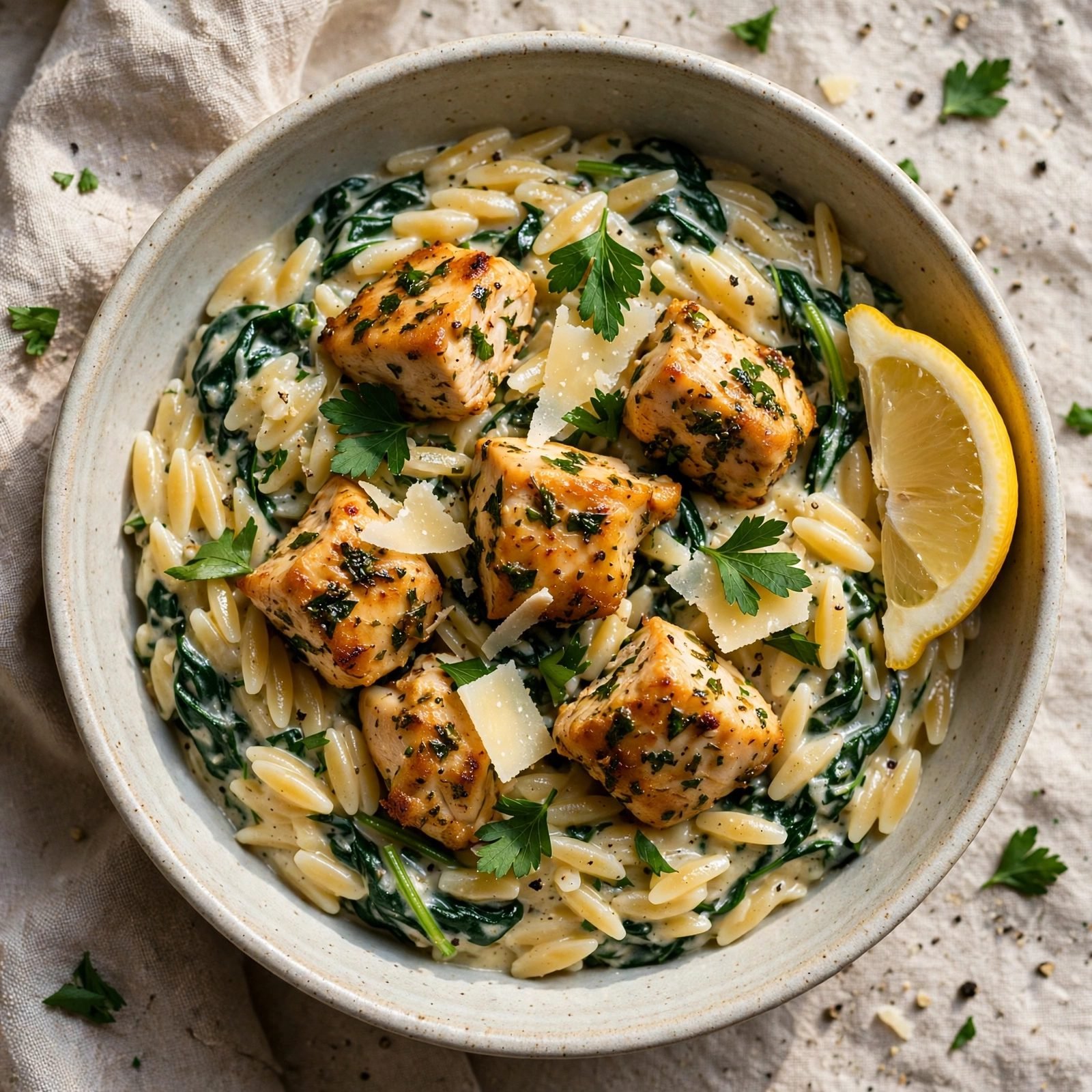Overhead close-up of a served bowl of lemon herb chicken and orzo with parsley and lemon wedge. No people, no text.