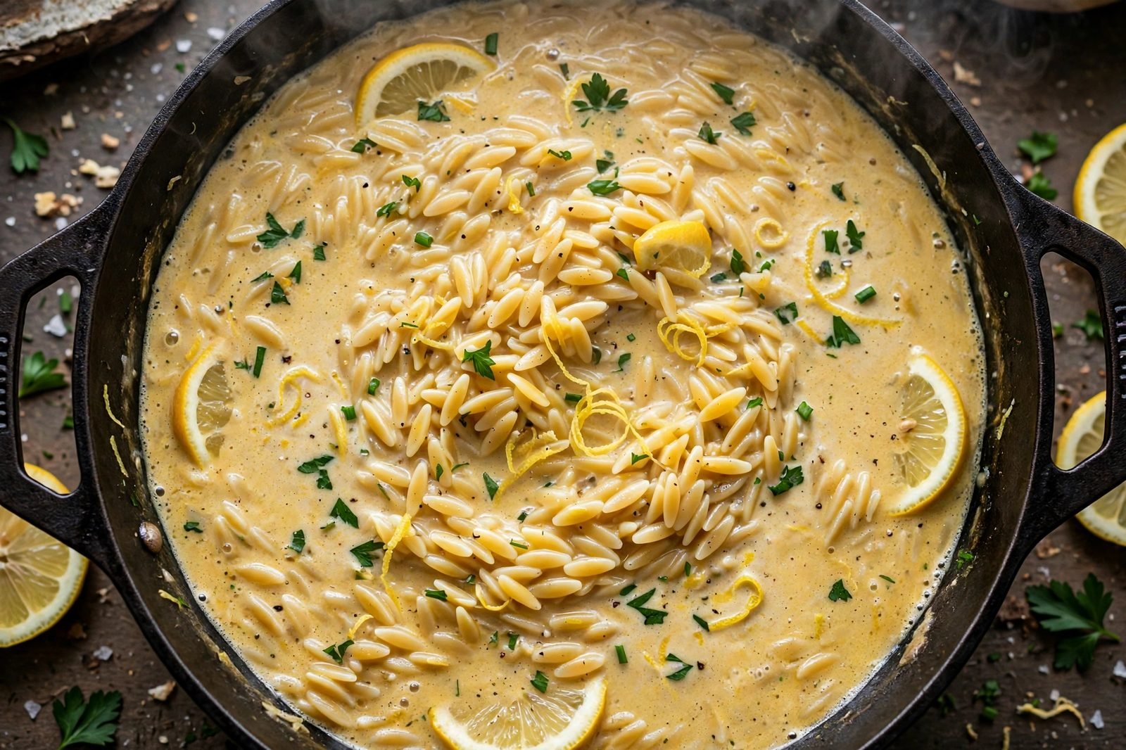Overhead of orzo simmering in lemony broth in the covered skillet, steam rising. No people, no text.