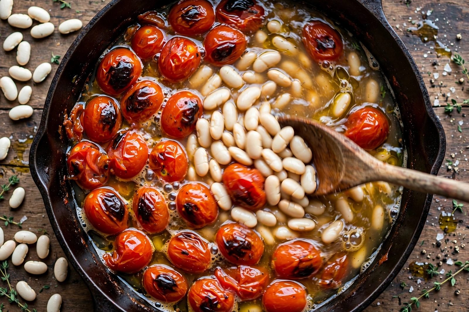 White cannellini and navy beans being stirred into the skillet with broth. No people, no text.