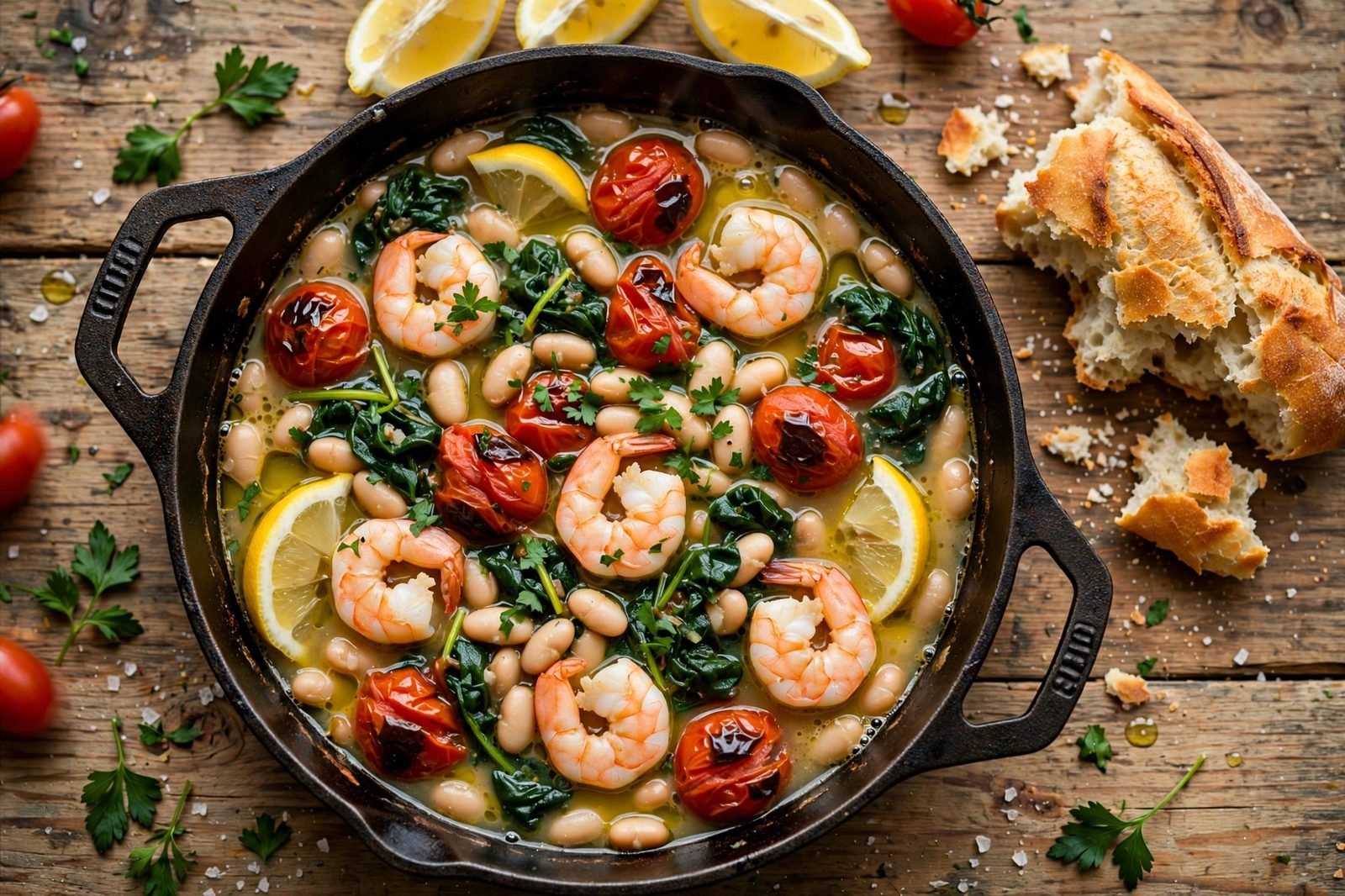 Overhead of the finished skillet: pink shrimp, white beans, blistered cherry tomatoes, wilted spinach in garlicky lemon broth, parsley, lemon wedges, skillet on a wooden table with crusty bread beside. No people, no text.
