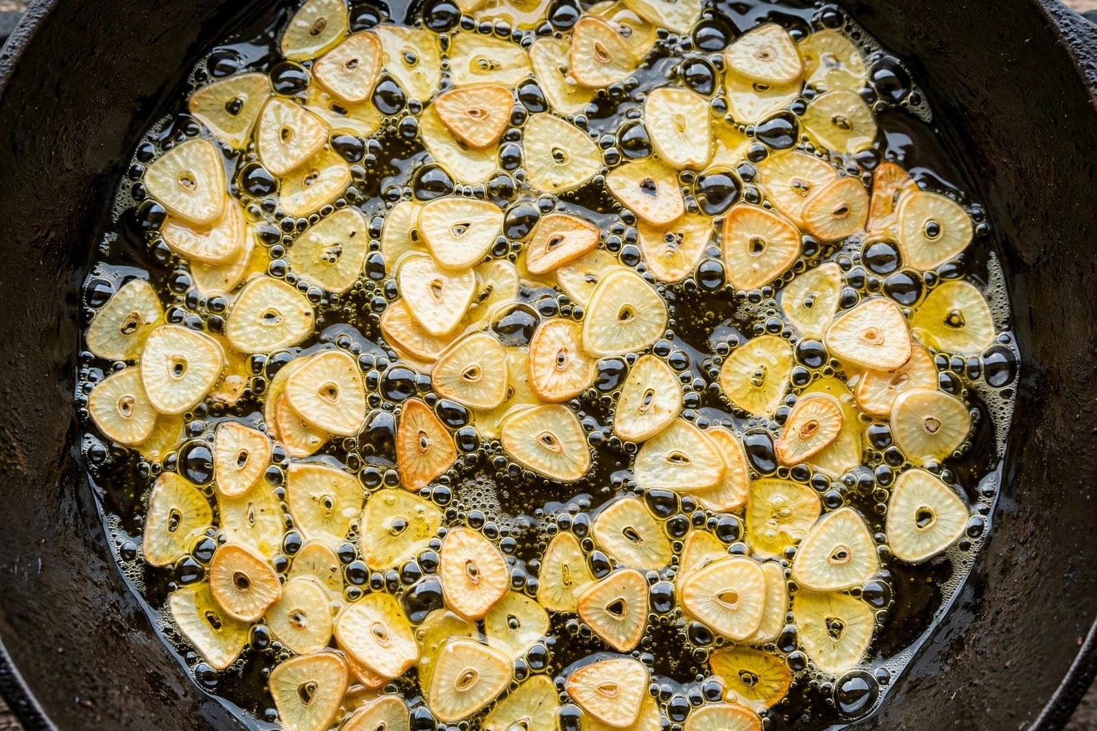 Sliced garlic turning pale gold in olive oil in the skillet. No people, no text.