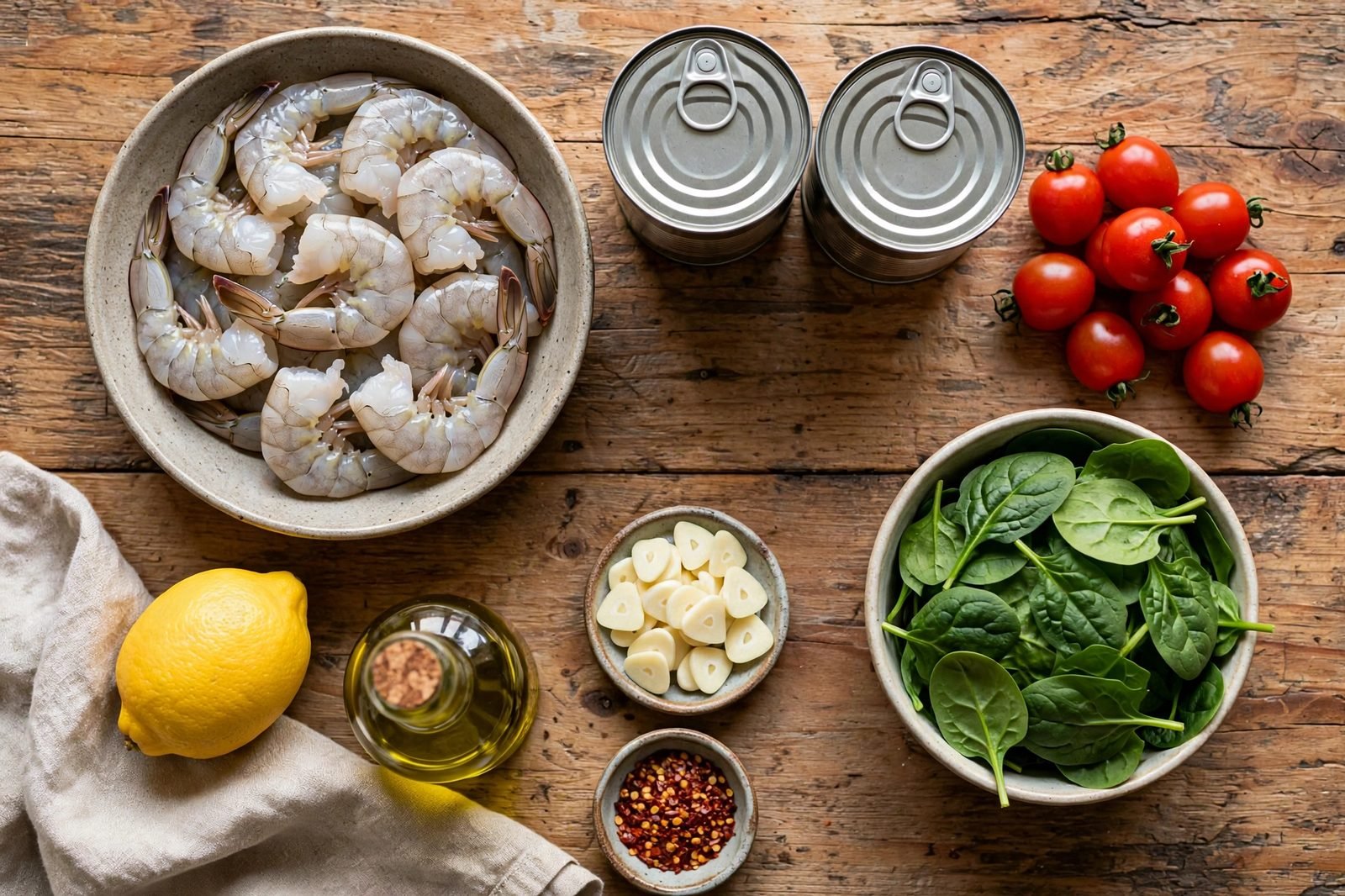 Raw shrimp in a bowl, two cans of white beans, cherry tomatoes, baby spinach, garlic, lemon, olive oil, red pepper flakes arranged on a wooden counter. No people, no text.