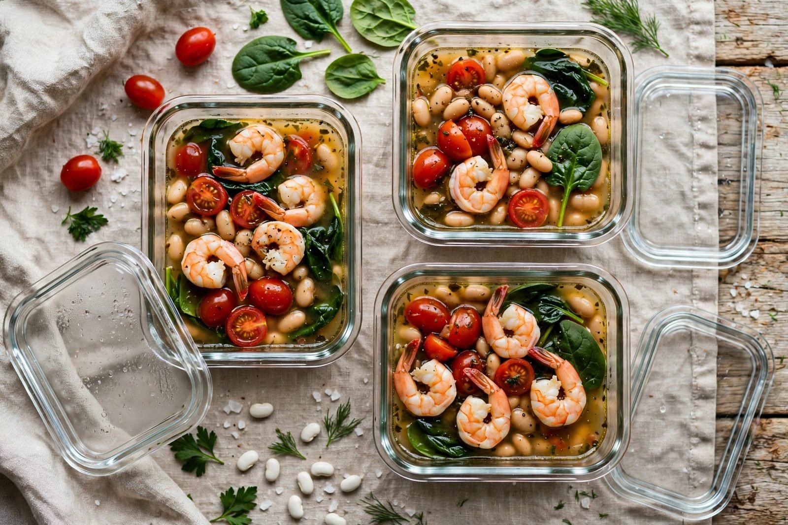 Glass meal-prep containers filled with the shrimp and bean mixture, lids beside. No people, no text.
