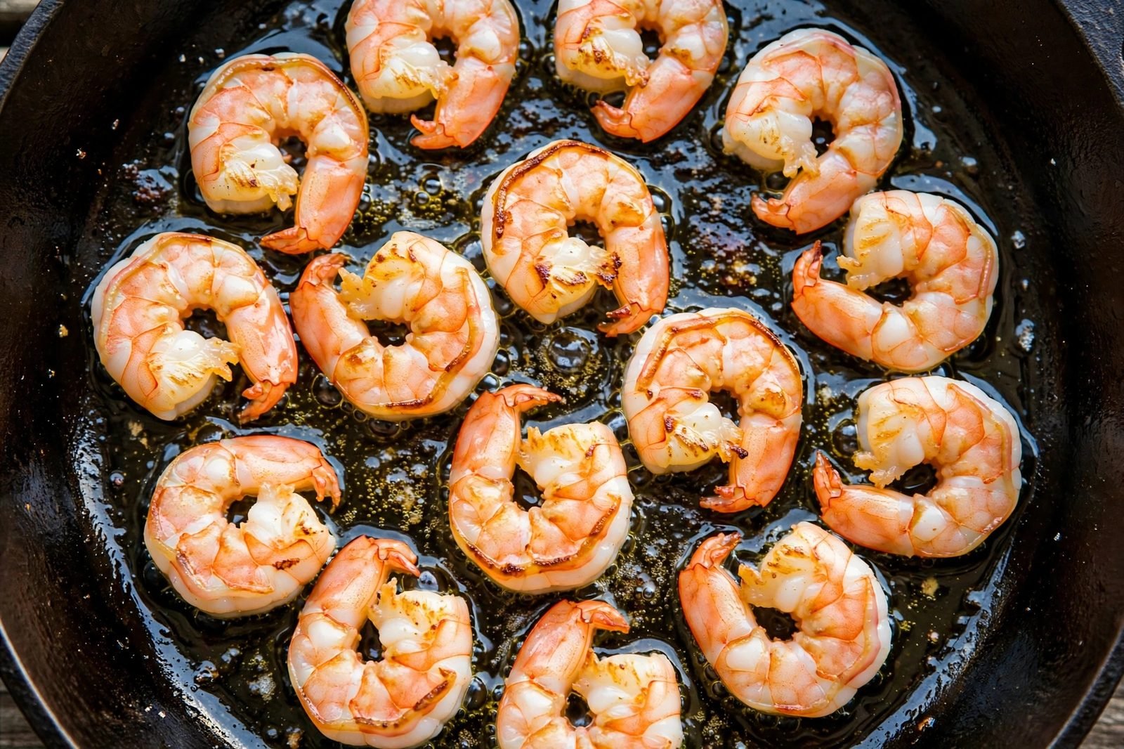 Pink shrimp searing in a single layer in a hot skillet with shimmering olive oil, edges turning golden. No people, no text.