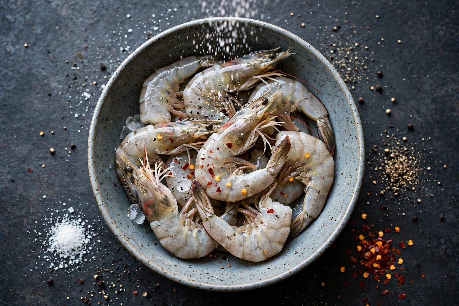 Raw shrimp in a bowl being seasoned with salt, pepper, and red pepper flakes. No people, no text.