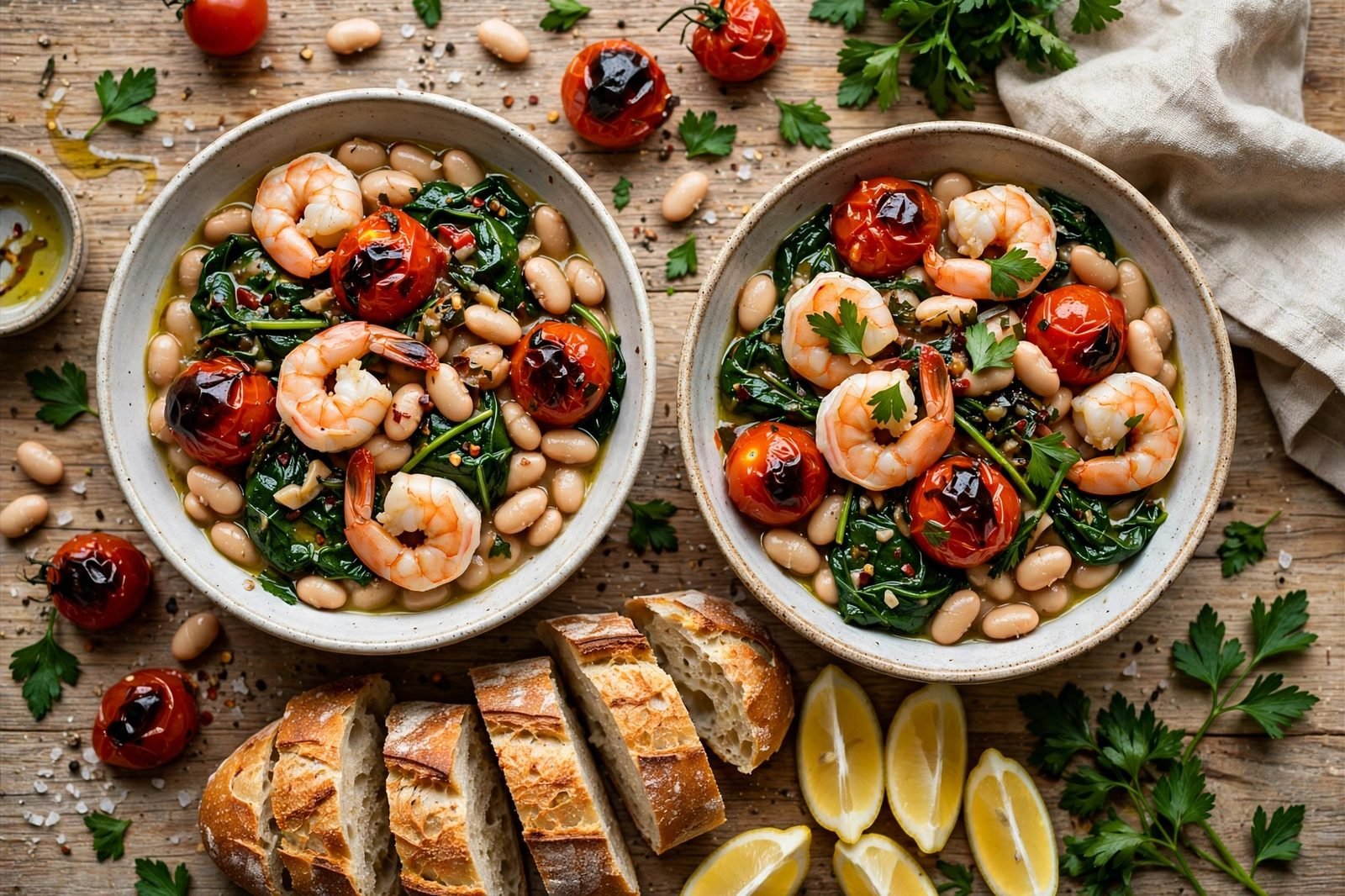 Two bowls of the shrimp and white bean skillet with crusty bread, parsley, lemon wedges. No people, no text.
