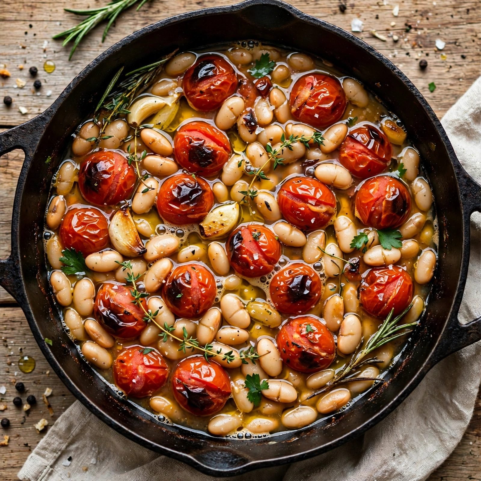 The skillet simmering with beans, tomatoes, and broth, slightly reduced. No people, no text.