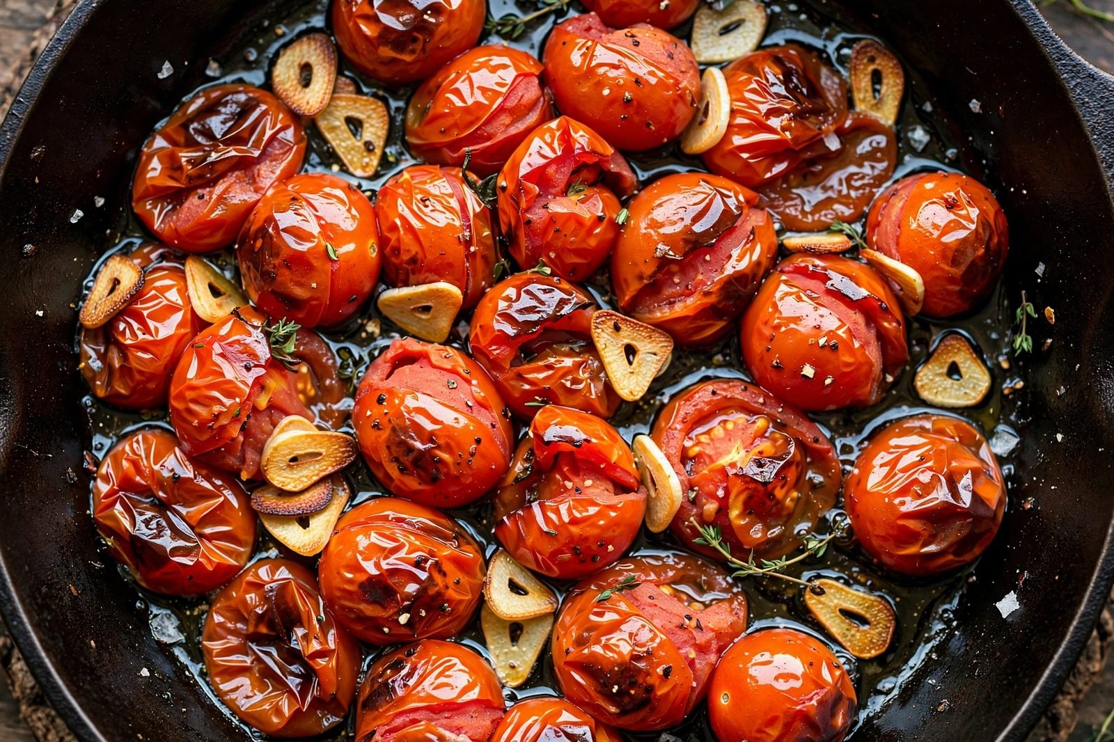 Cherry tomatoes blistering and slumping in the skillet with garlic. No people, no text.
