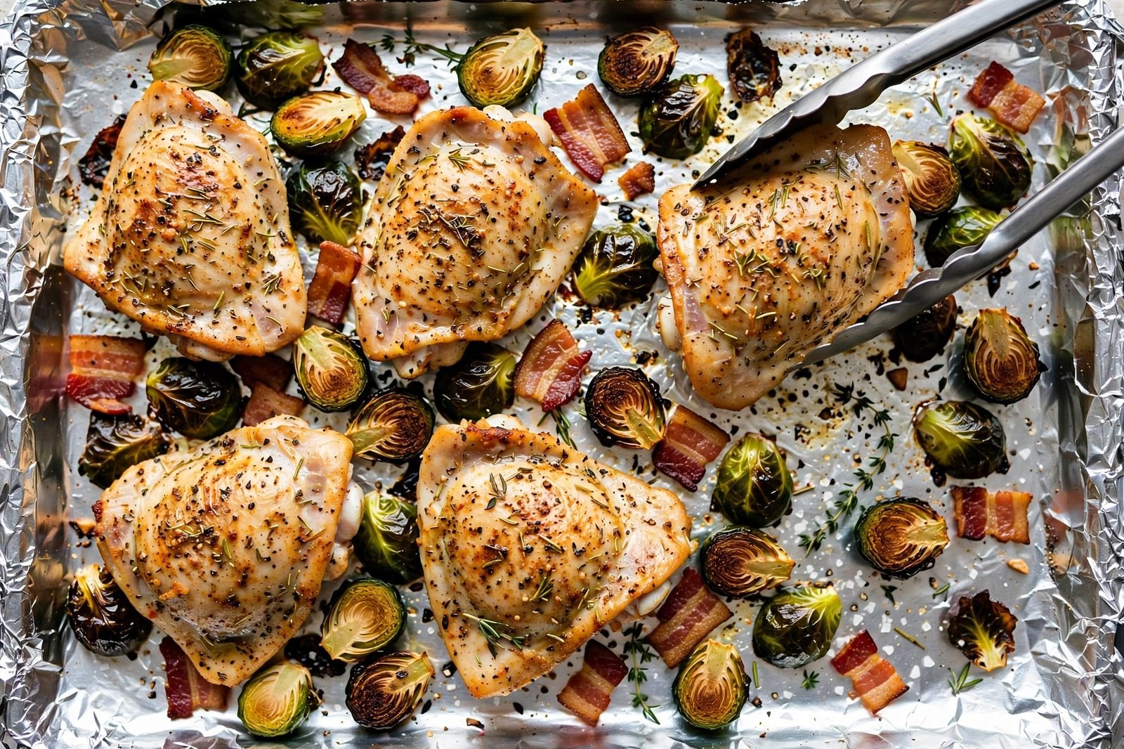 Overhead of seasoned chicken thighs being nestled among the partially roasted sprouts and bacon on the sheet pan. No people, no text.
