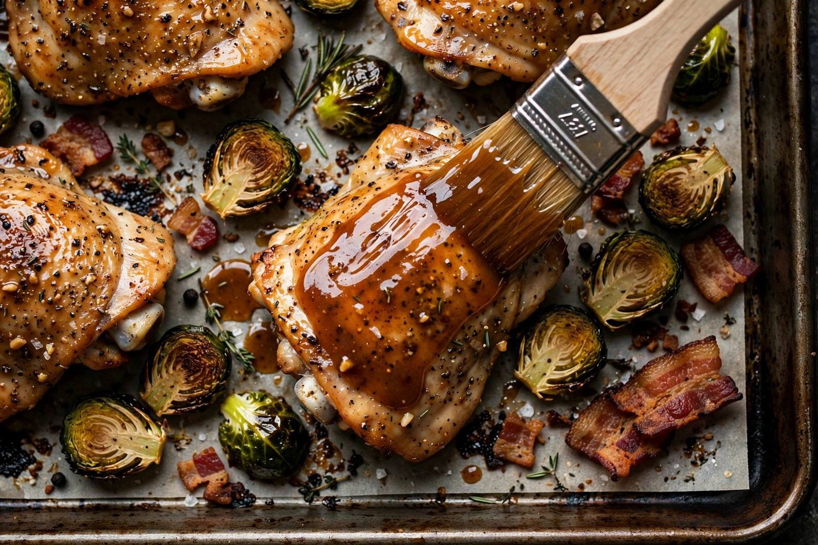 Overhead close-up of a brush applying maple-dijon glaze to chicken thighs on the sheet pan. No people, no text.