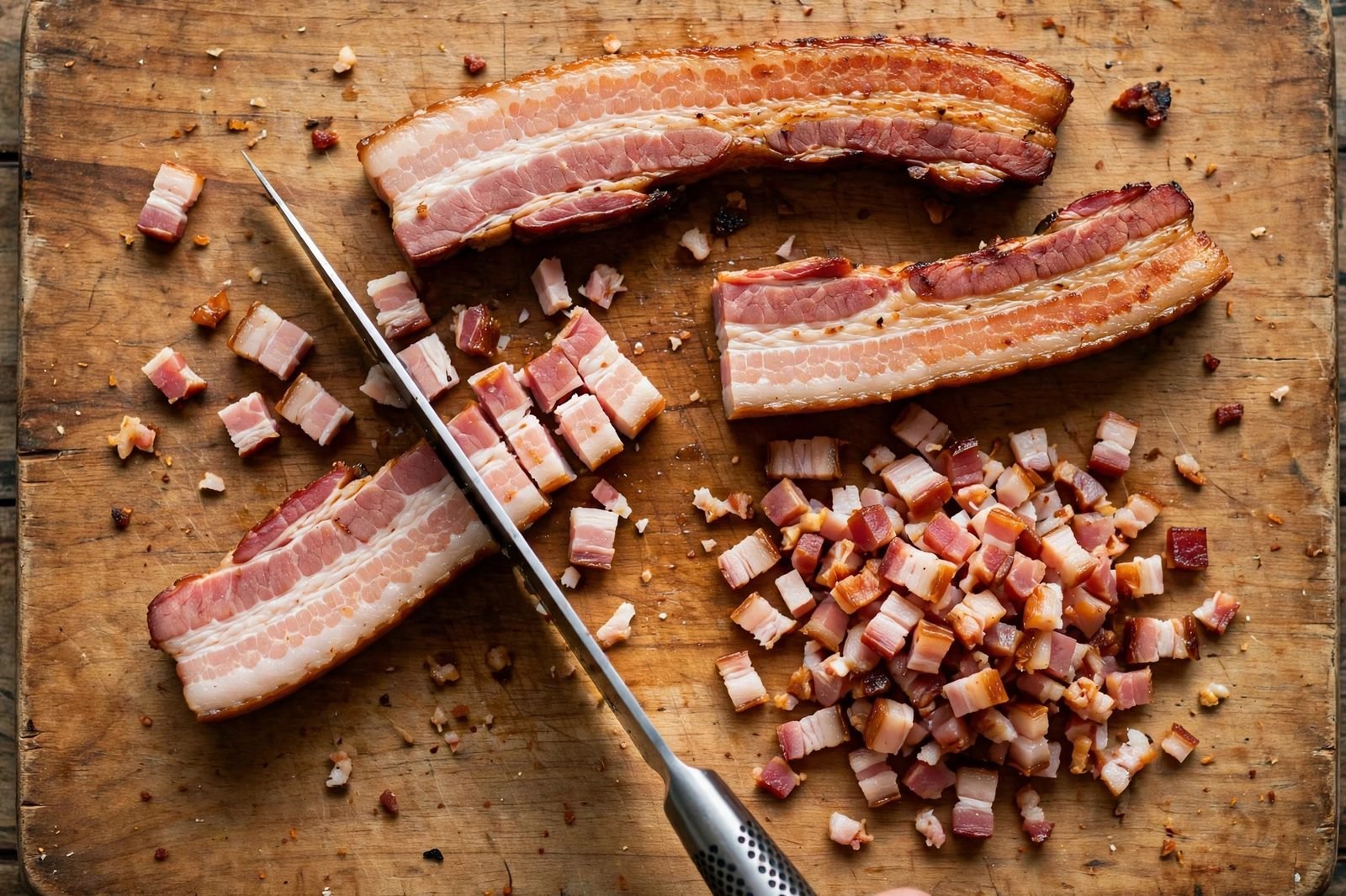 Overhead of thick-cut bacon strips being chopped into pieces on a cutting board. No people, no text.