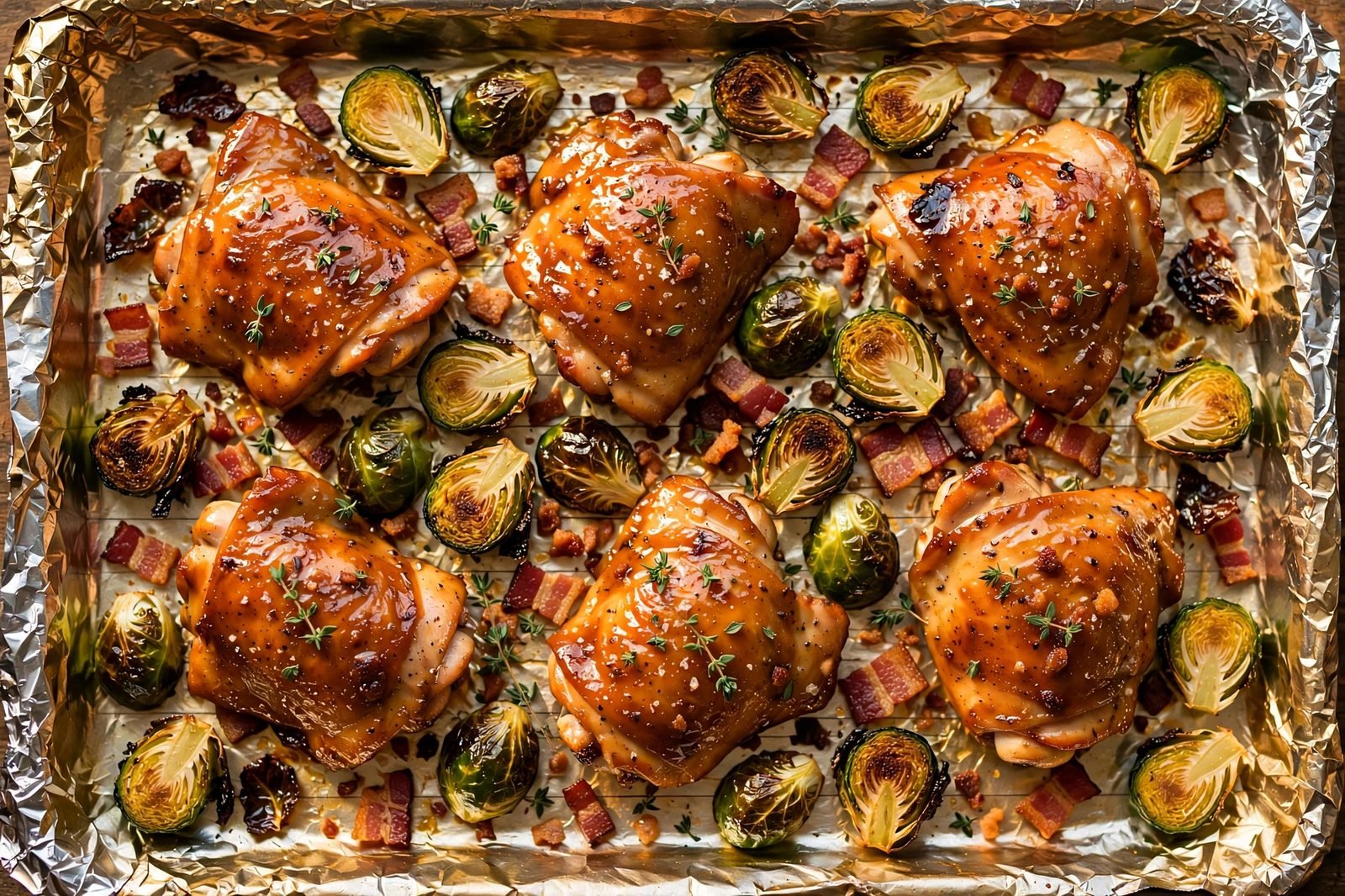 Overhead of the finished sheet pan: glazed boneless chicken thighs, crispy halved Brussels sprouts, chopped bacon, thyme, on a foil-lined sheet pan. No people, no text.