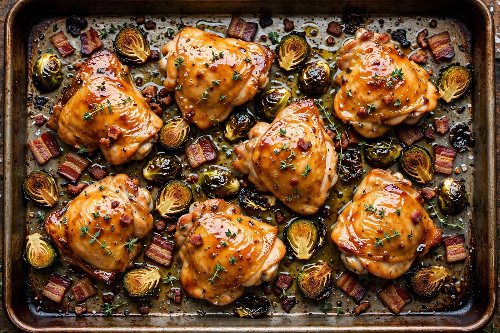 Overhead of the fully roasted sheet pan: glazed chicken, crispy sprouts, rendered bacon. No people, no text.