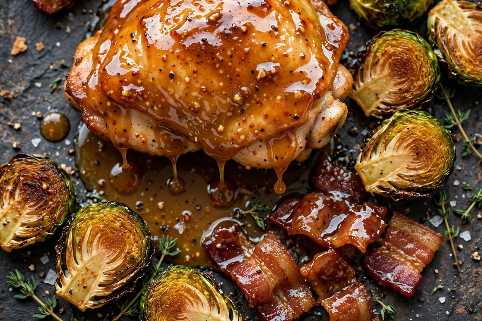 Overhead close-up of a glazed chicken thigh with crispy sprouts and bacon pieces glistening. No people, no text.