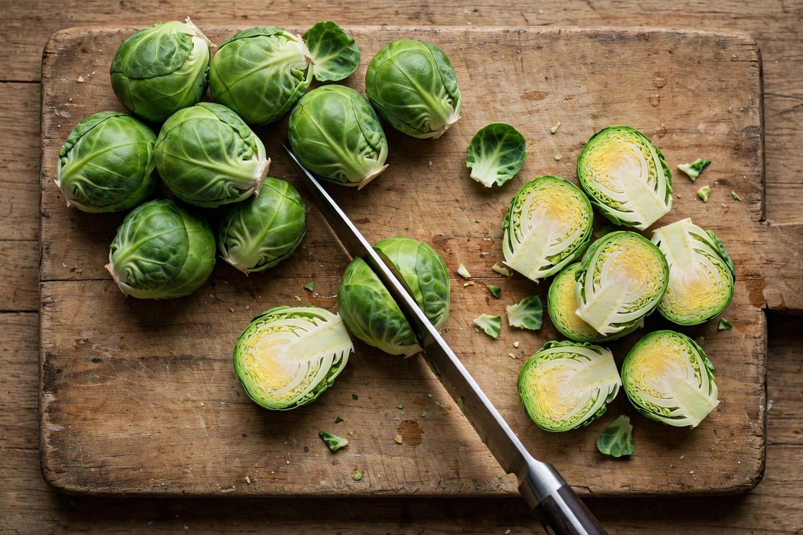 Overhead of Brussels sprouts being halved on a cutting board with a knife. No people, no text.