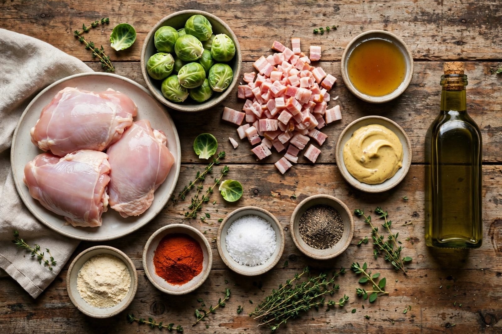 Overhead of raw boneless chicken thighs, trimmed Brussels sprouts, chopped bacon, maple syrup, Dijon, olive oil, spices on a counter. No people, no text.