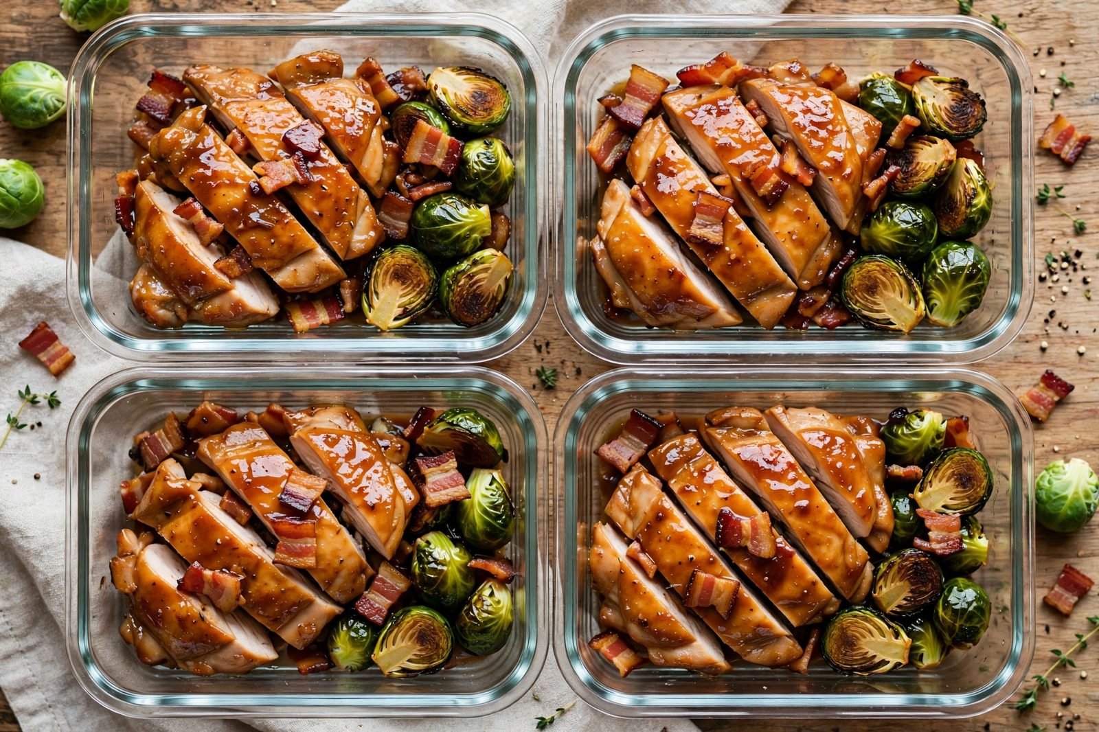 Overhead of glass meal-prep containers filled with chicken, sprouts, and bacon. No people, no text.