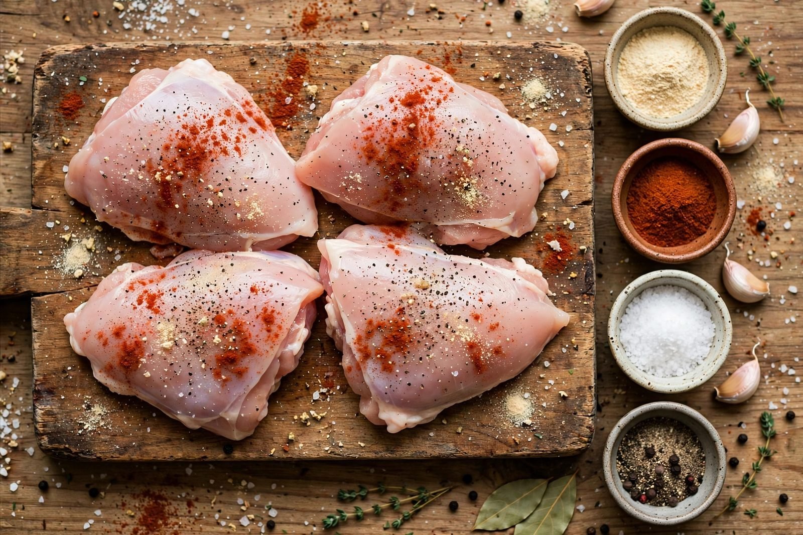Overhead of raw chicken thighs on a cutting board being seasoned with garlic powder, paprika, salt, pepper. No people, no text.