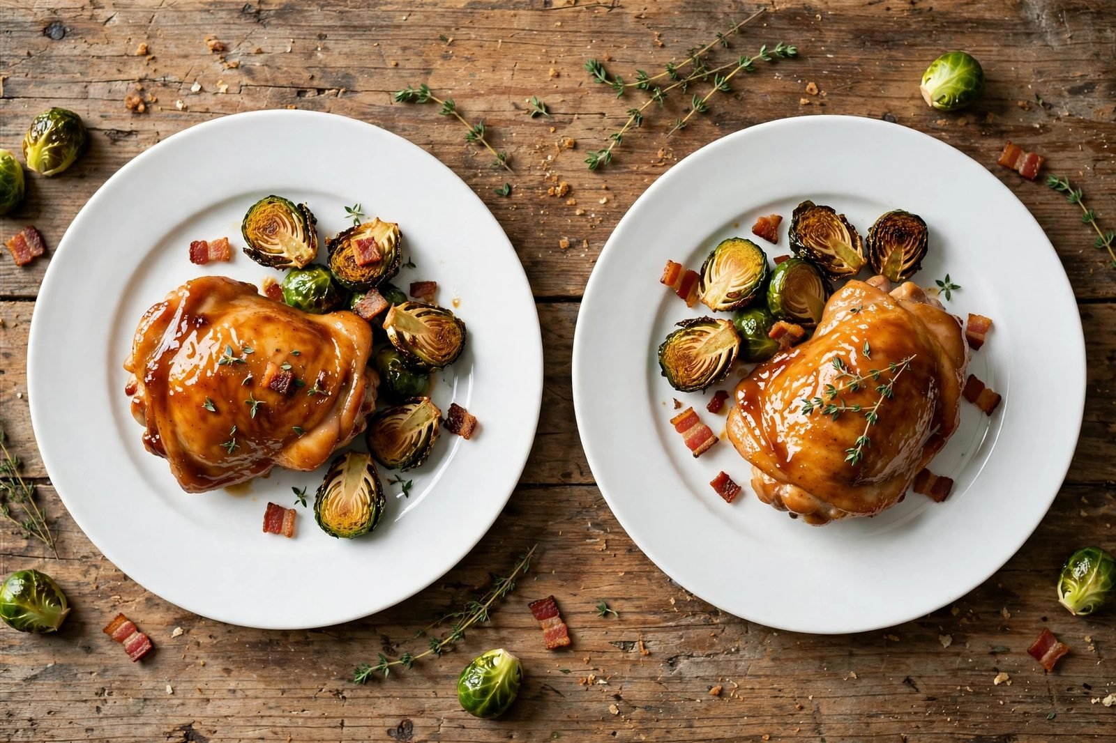 Overhead of two plated servings: chicken thigh, sprouts, bacon, thyme, on white plates. No people, no text.