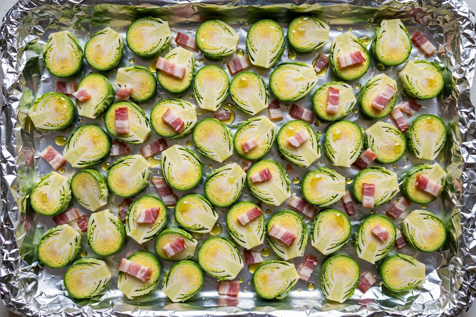 Overhead of halved Brussels sprouts and chopped bacon spread on a foil-lined sheet pan before roasting. No people, no text.
