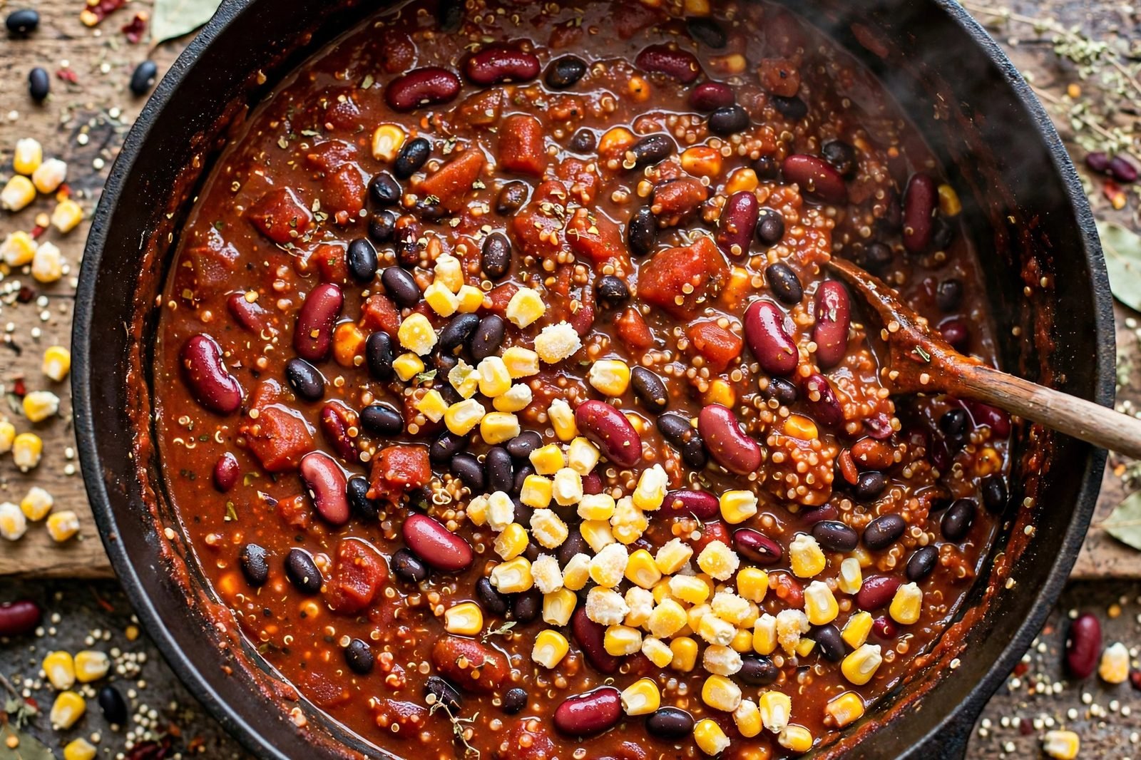 Overhead of black beans, kidney beans, and corn being stirred into the thick chili. No people, no text.