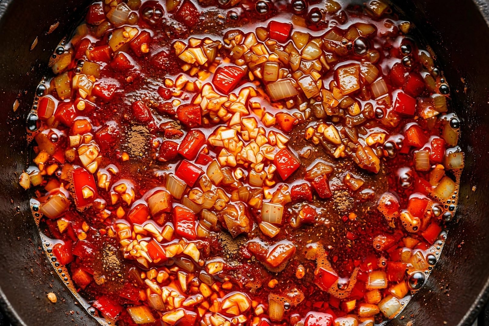 Overhead close-up of garlic and red chili spices blooming in oil with softened vegetables. No people, no text.