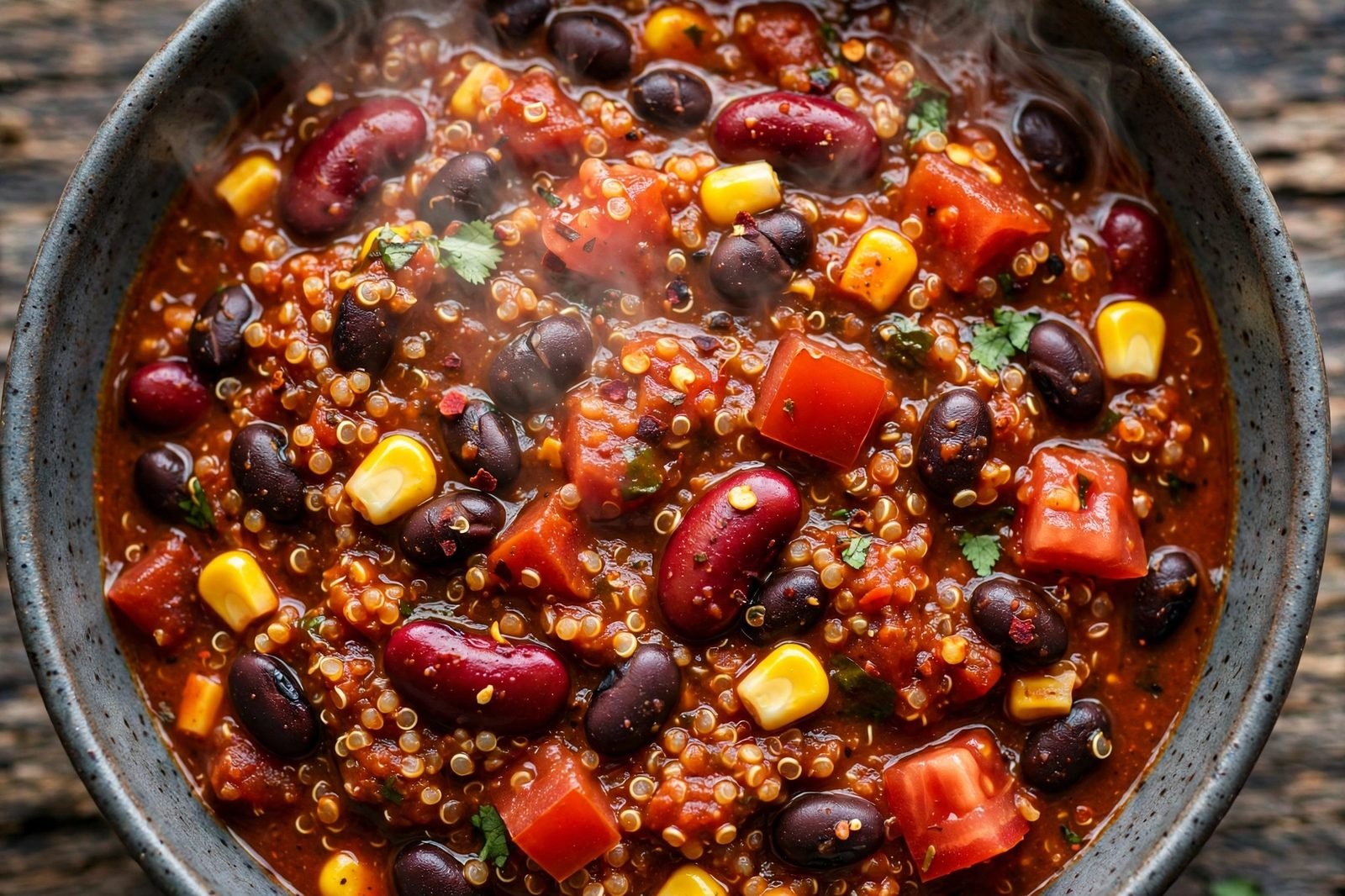 Overhead close-up of the thick finished chili showing quinoa, beans, corn, and tomatoes. No people, no text.