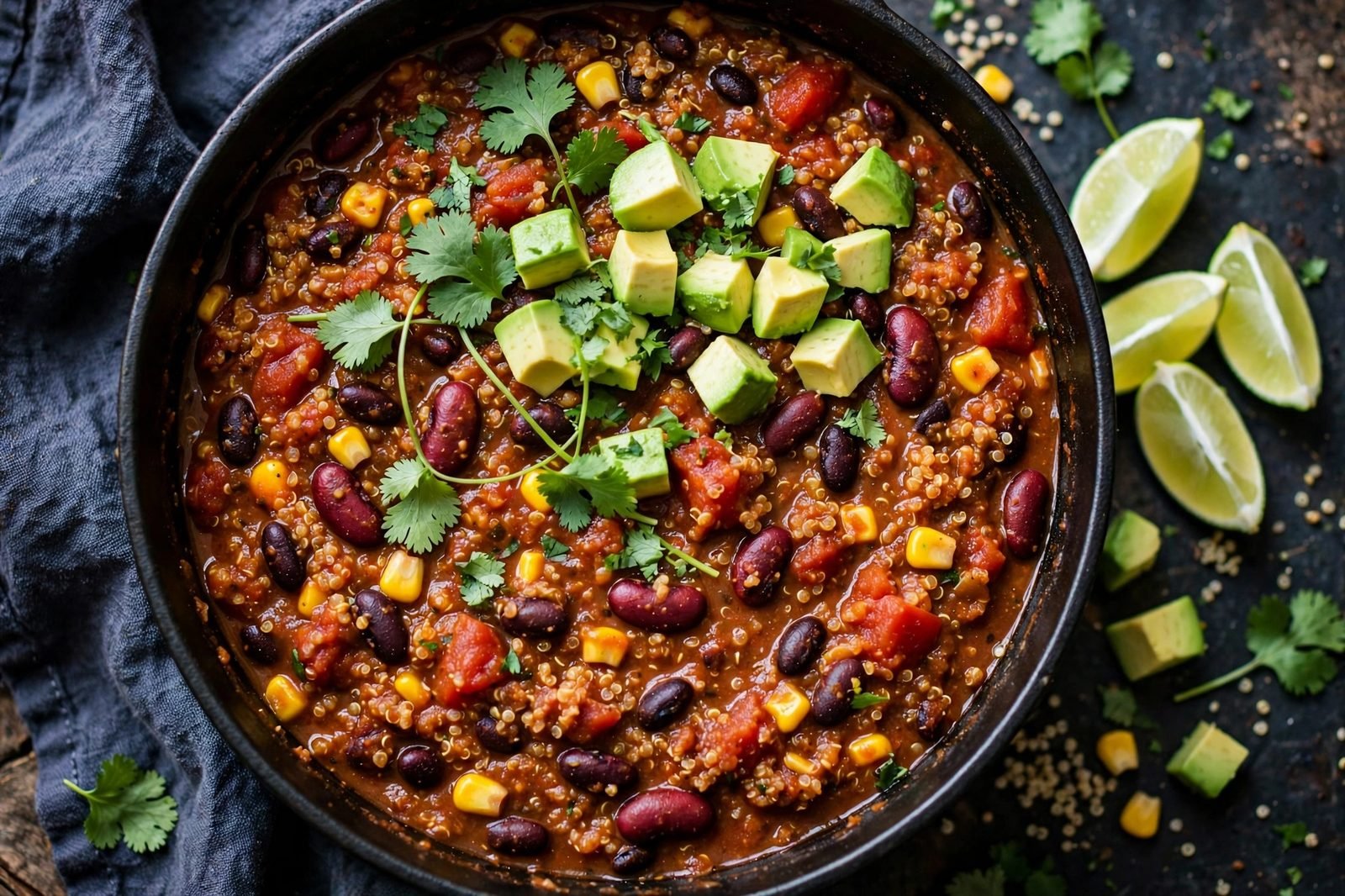 Overhead of the finished chili in a dark pot: thick quinoa chili with black beans, kidney beans, corn, tomatoes, topped with avocado, cilantro, and lime wedges beside it. No people, no text.