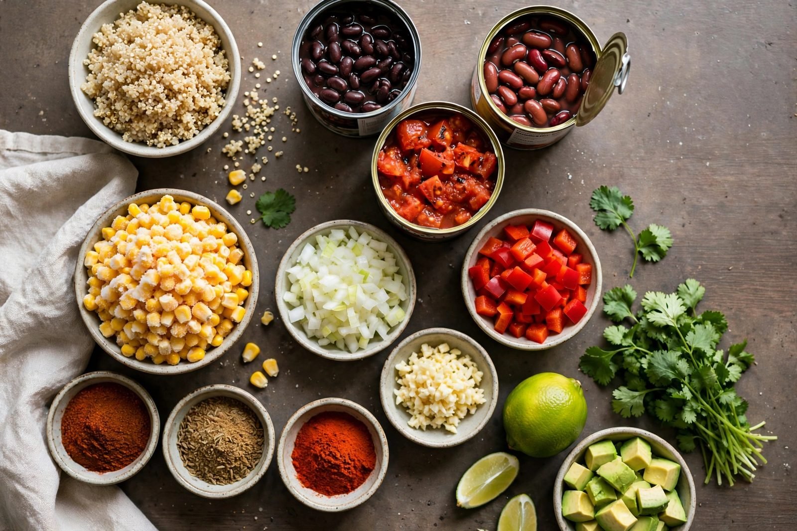 Overhead of the raw ingredients: quinoa in a small bowl, canned beans, canned tomatoes, corn, onion, bell pepper, garlic, spices in small bowls, lime, cilantro, avocado. No people, no text.